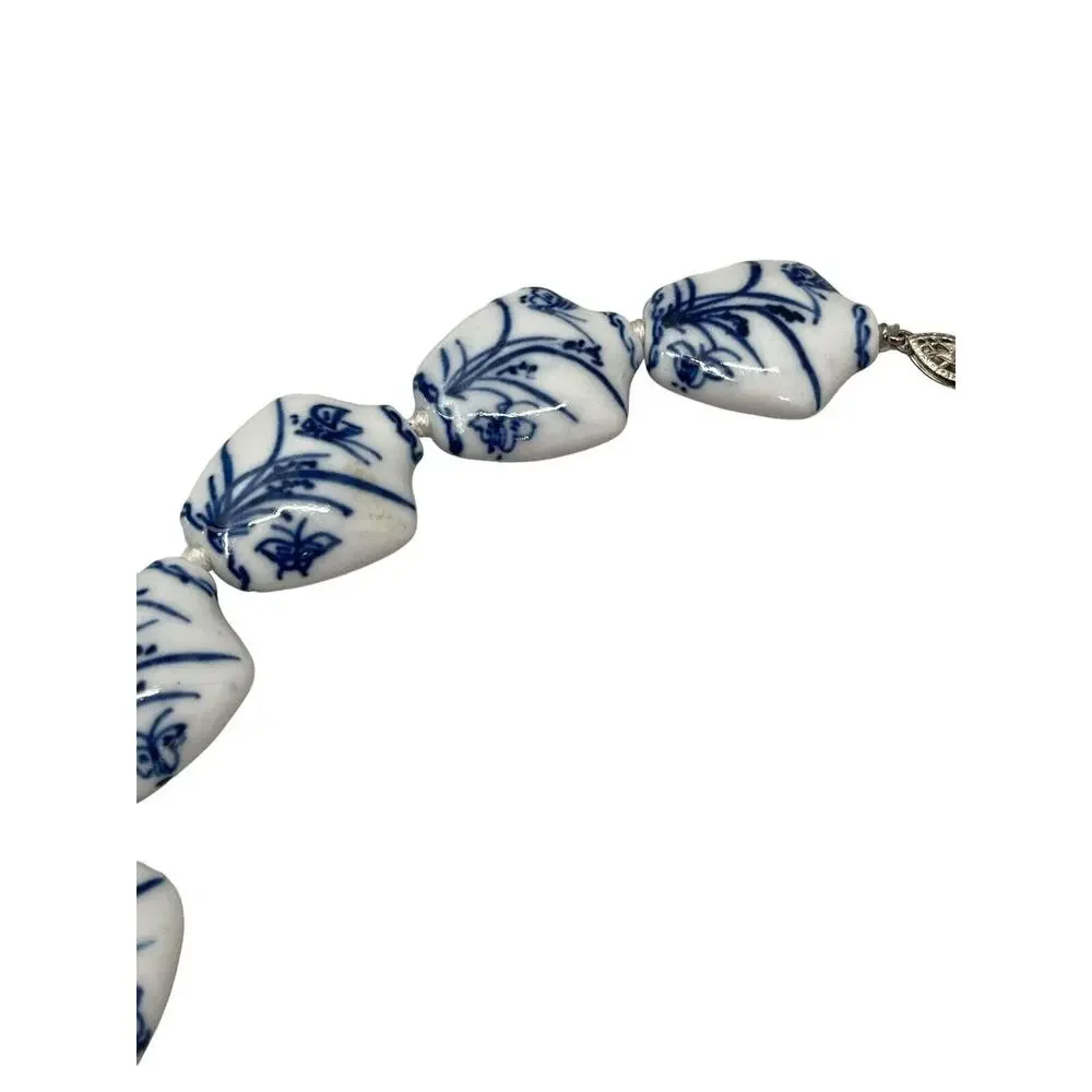 Vintage Chinese Export Beaded Porcelain Necklace Knotted Blue White